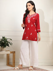 Red Color Viscose Cotton Kurta with Multi Color Thread Embroidery