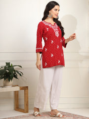 Red Color Viscose Cotton Kurta with Multi Color Thread Embroidery