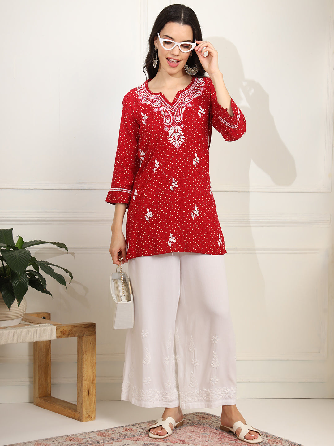 Red Color Viscose Cotton Kurta with Multi Color Thread Embroidery