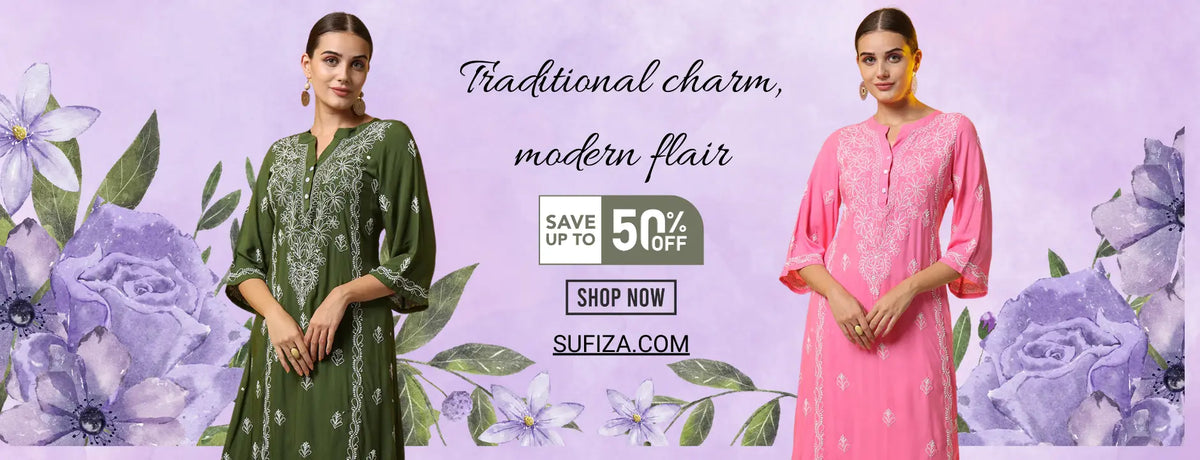 A promotional banner for SUEZA women's apparel showing two models wearing embroidered traditional outfits. On the left, a model wears a dark green kurta with white embroidery.