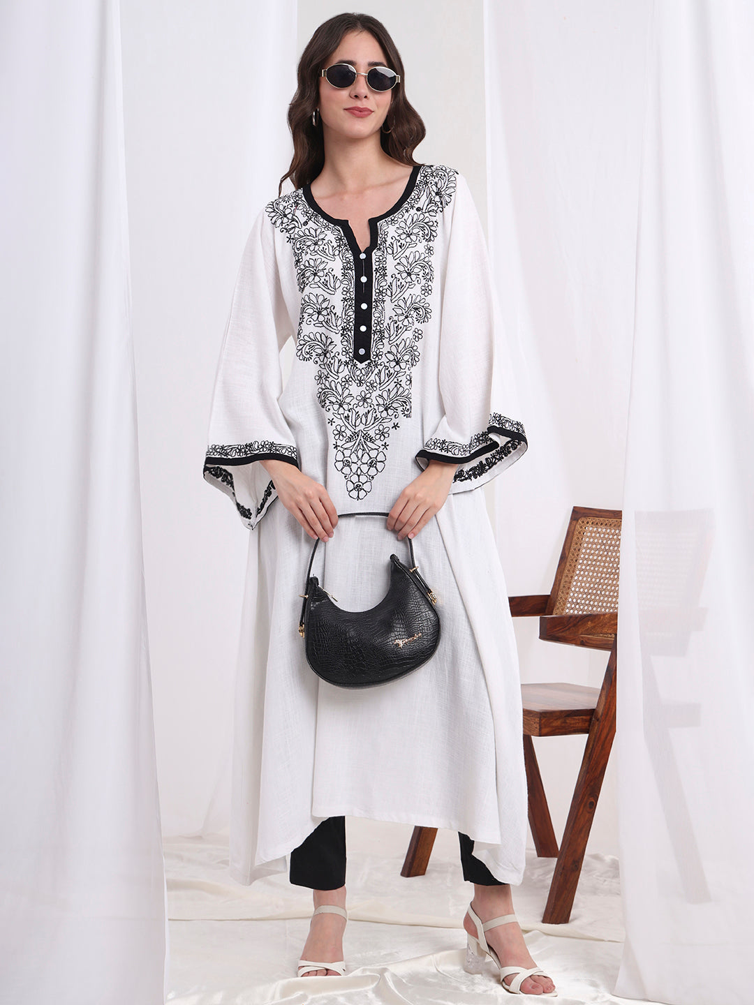 Chikankari White Khadi Cotton Kaftan style Kurta S1006