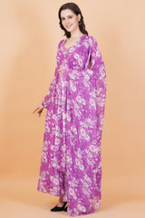 Purple Flower Printed Georgette Zardosi Hand Work