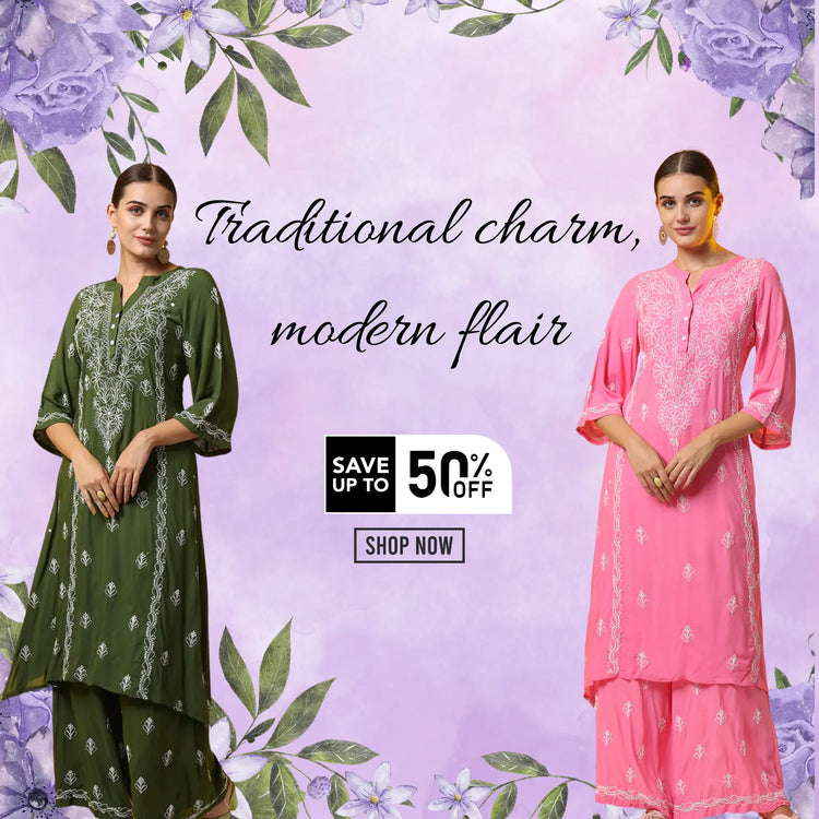 Two women modeling traditional Indian salwar kameez suits against a lavender floral background. The woman on the left wears an olive green embroidered kurta with matching pants, and the woman on the right wears a pink embroidered kurta with matching pants.