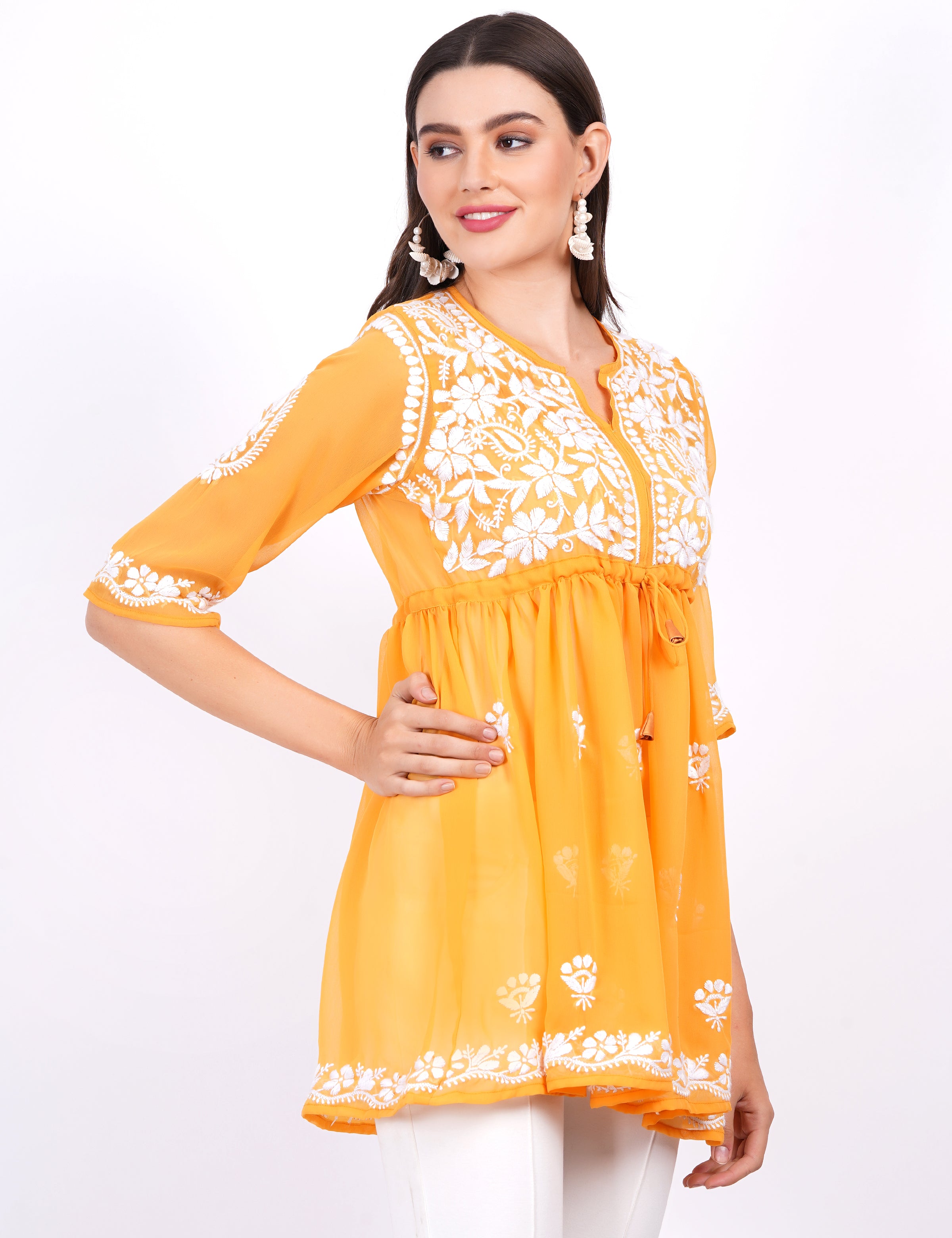 Mustard Georgette Chikankari Peplum Dress