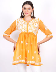 Mustard Georgette Chikankari Peplum Dress