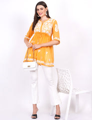 Mustard Georgette Chikankari Peplum Dress