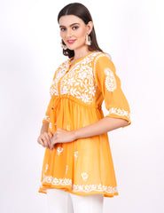 Mustard Georgette Chikankari Peplum Dress