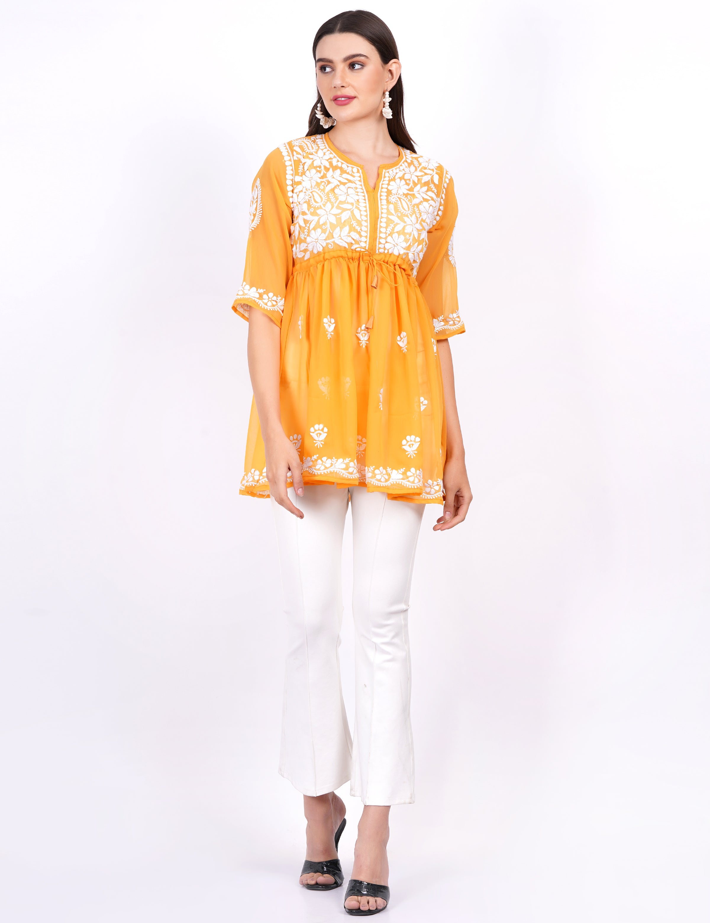 Mustard Georgette Chikankari Peplum Dress