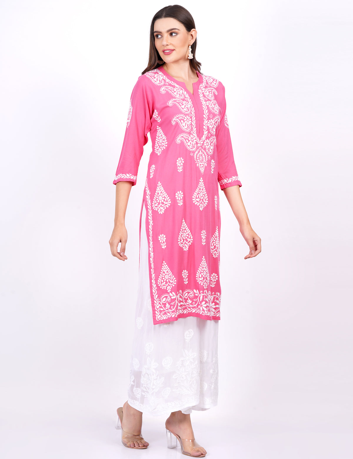 Pink Rayon Chikankari Kurti