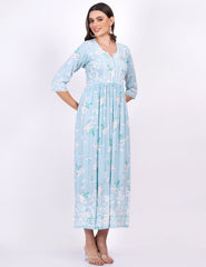 Blue Rayon Printed Chikankari Dress