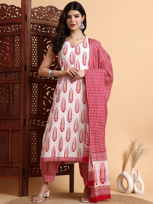 Hand Block Kurta Set  Check Dupatta