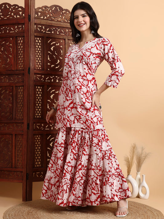 Hand Block Chikankari Kurta Sharara Set