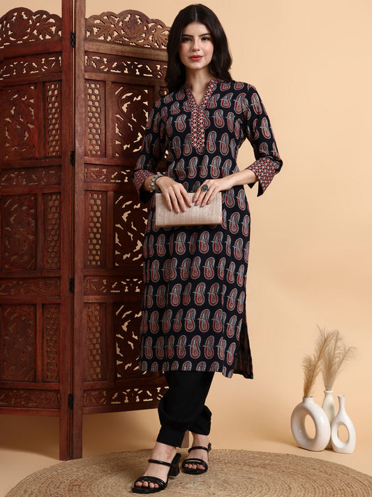 Hand Black Ajrak Print Kurta
