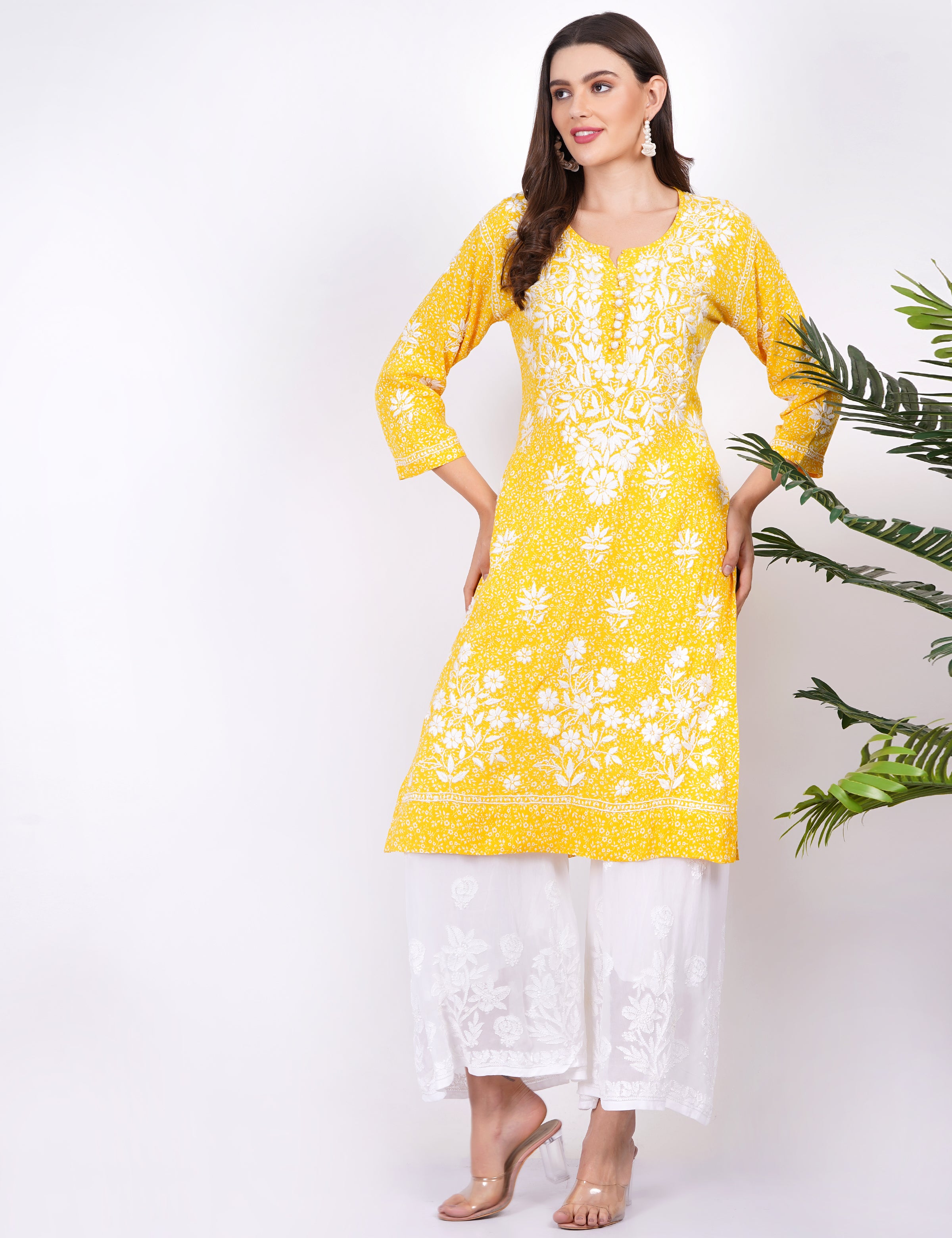 Yellow Rayon Chikankari Kurti