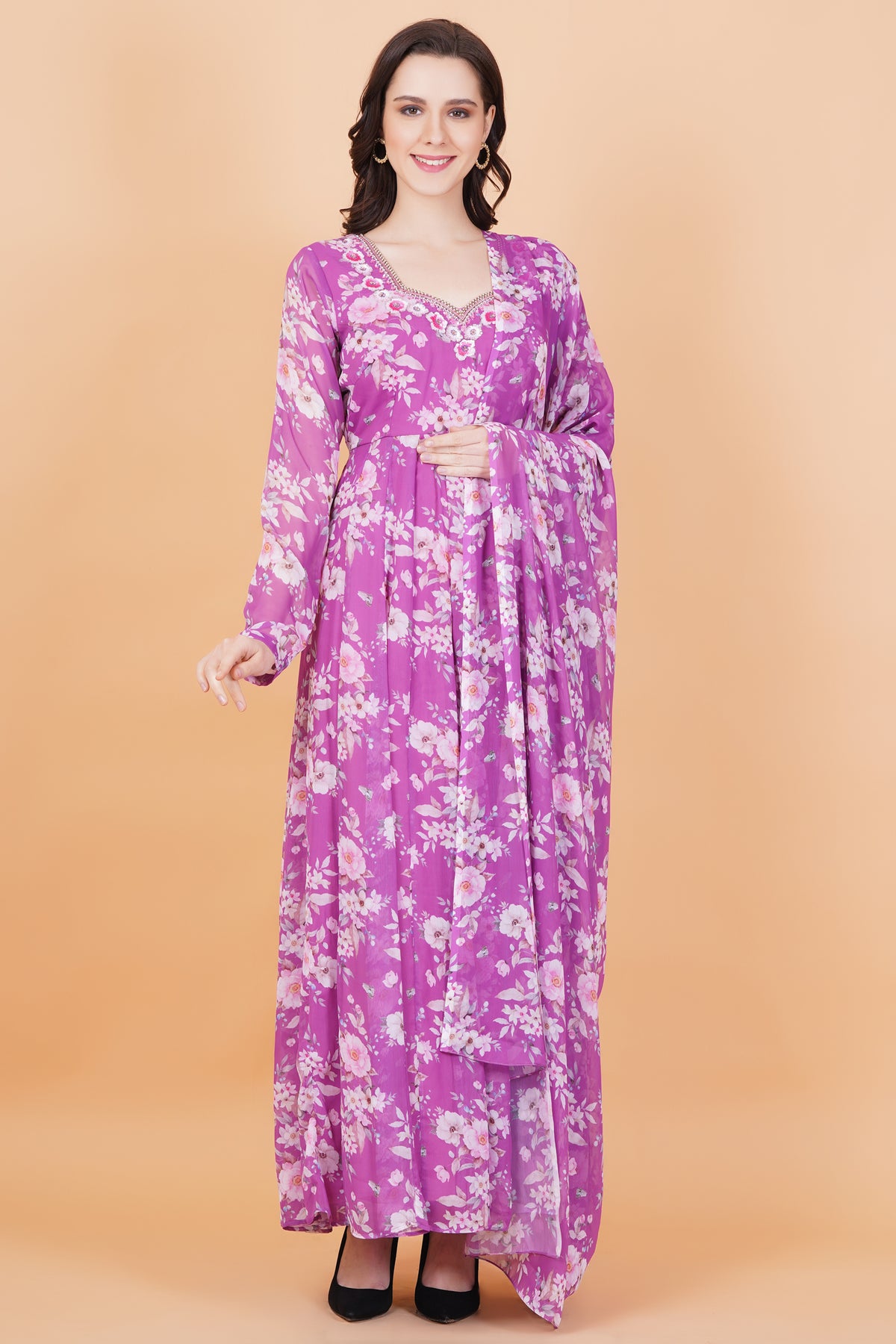 Purple Flower Printed Georgette Zardosi Hand Work