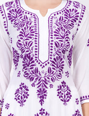 Modal White Cotton Purple Thread Chikankari Kurti - Sufiza Lifestyle