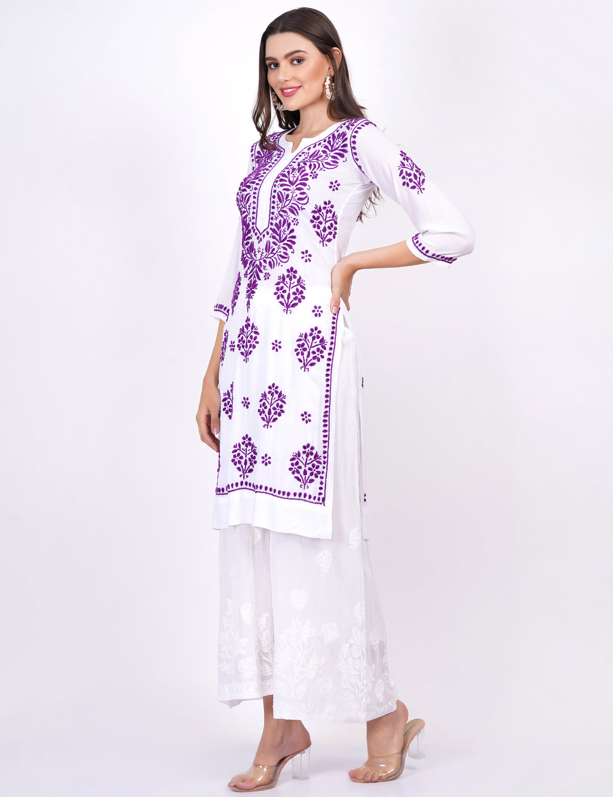 Modal White Cotton Purple Thread Chikankari Kurti