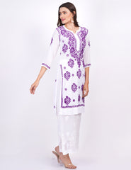 Modal White Cotton Purple Thread Chikankari Kurti