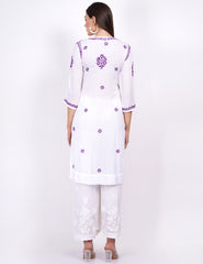 Modal White Cotton Purple Thread Chikankari Kurti