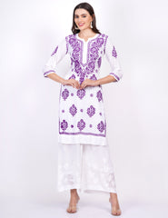 Modal White Cotton Purple Thread Chikankari Kurti