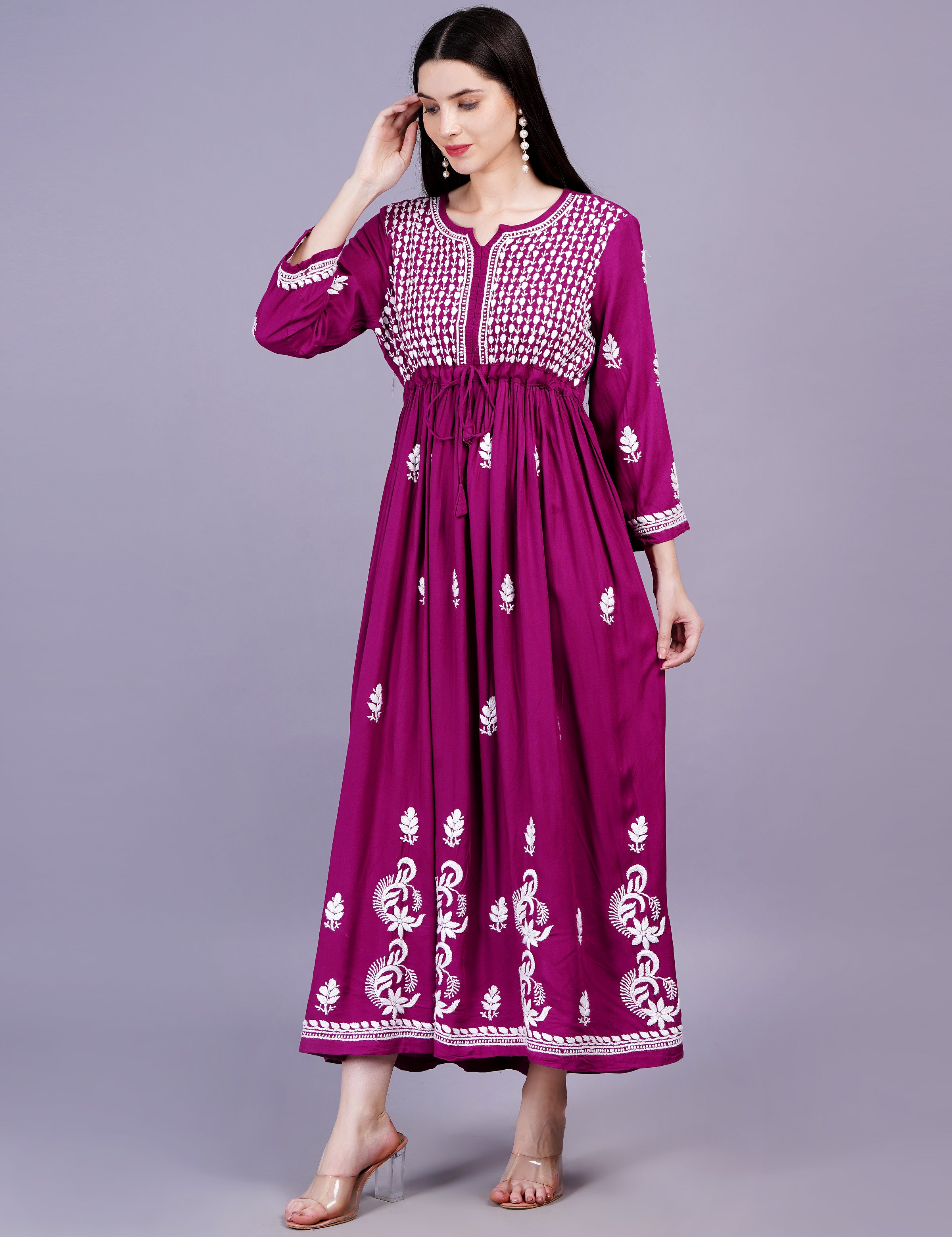 Modal Cotton Wine Color Chikankari Dress