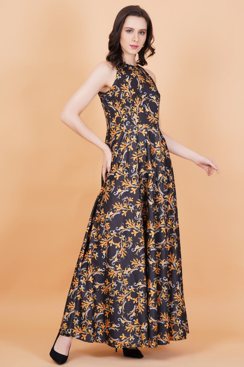 Lycra Black Gown Orange Print